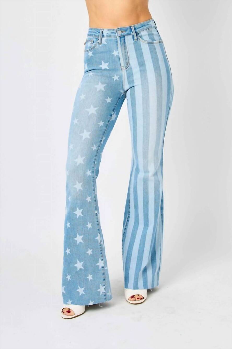 NEW JUDY BLUE high rise stars and stripes flare jeans in blue